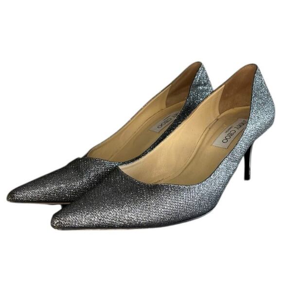 ***SOLD*** Jimmy Choo Romy Lame Glitter Pointed Toe Pump Heel Size 39.5 Silver - Picture 2 of 7